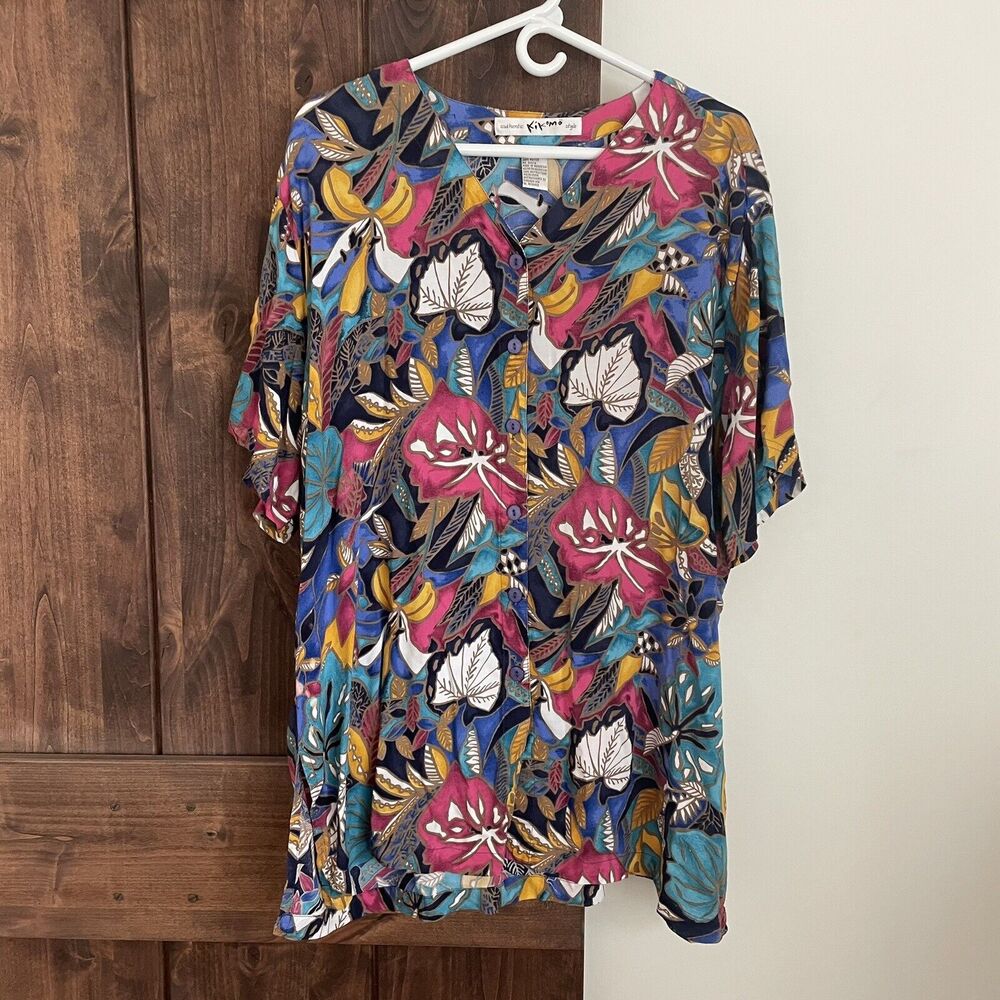 Vintage Kikomo Style Top Womens 24W Tropical Hibiscus Button Down Blouse Beach